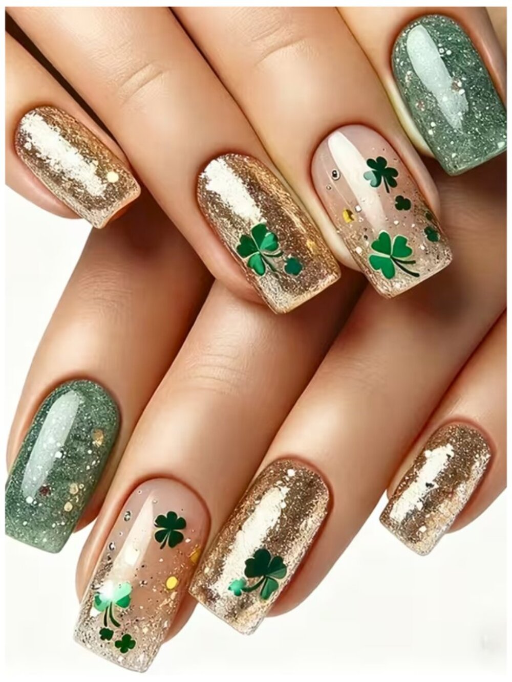 NWT St Patricks Day Clover Press On Nails Green Gold Glitter Square Fake Nails